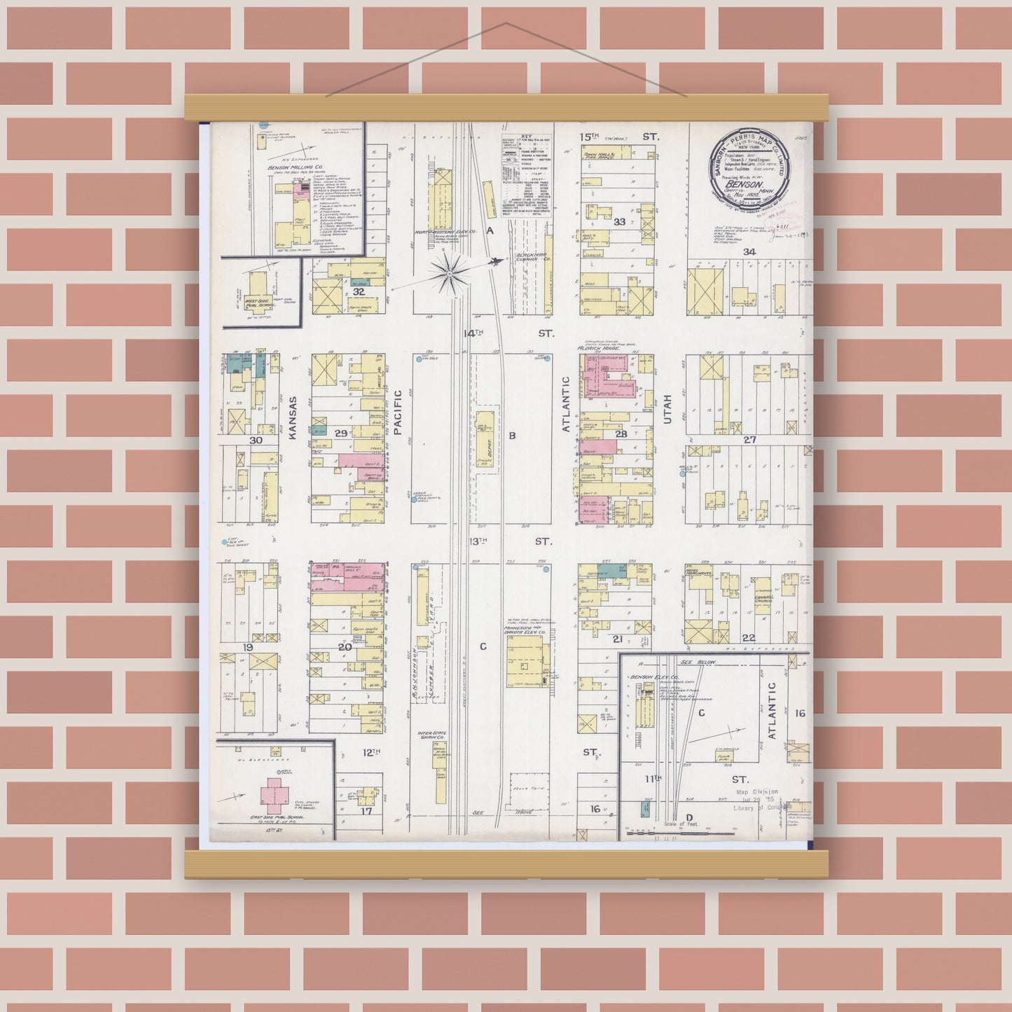 Old map wall art mockup — magnetic wood frame on brick wall — Sanborn Fire Insurance Map from Benson, Swift County, Minnesota (1892), Sheet #0001