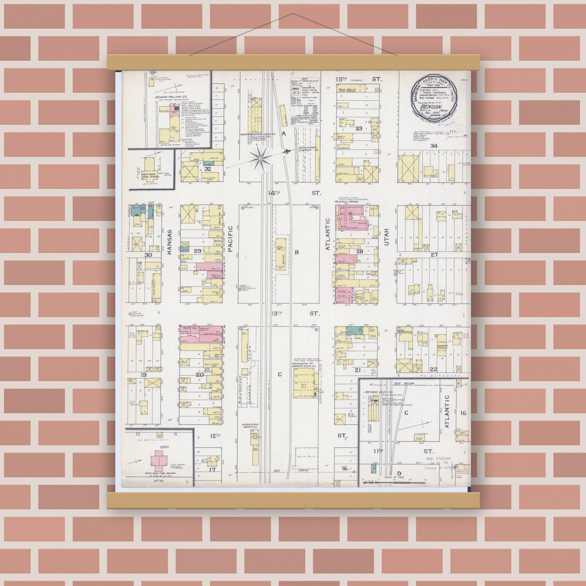 Old map wall art mockup — magnetic wood frame on brick wall — Sanborn Fire Insurance Map from Benson, Swift County, Minnesota (1892), Sheet #0001