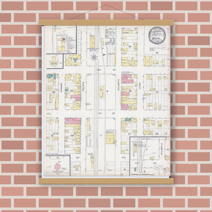 Old map wall art mockup — magnetic wood frame on brick wall — Sanborn Fire Insurance Map from Benson, Swift County, Minnesota (1892), Sheet #0001