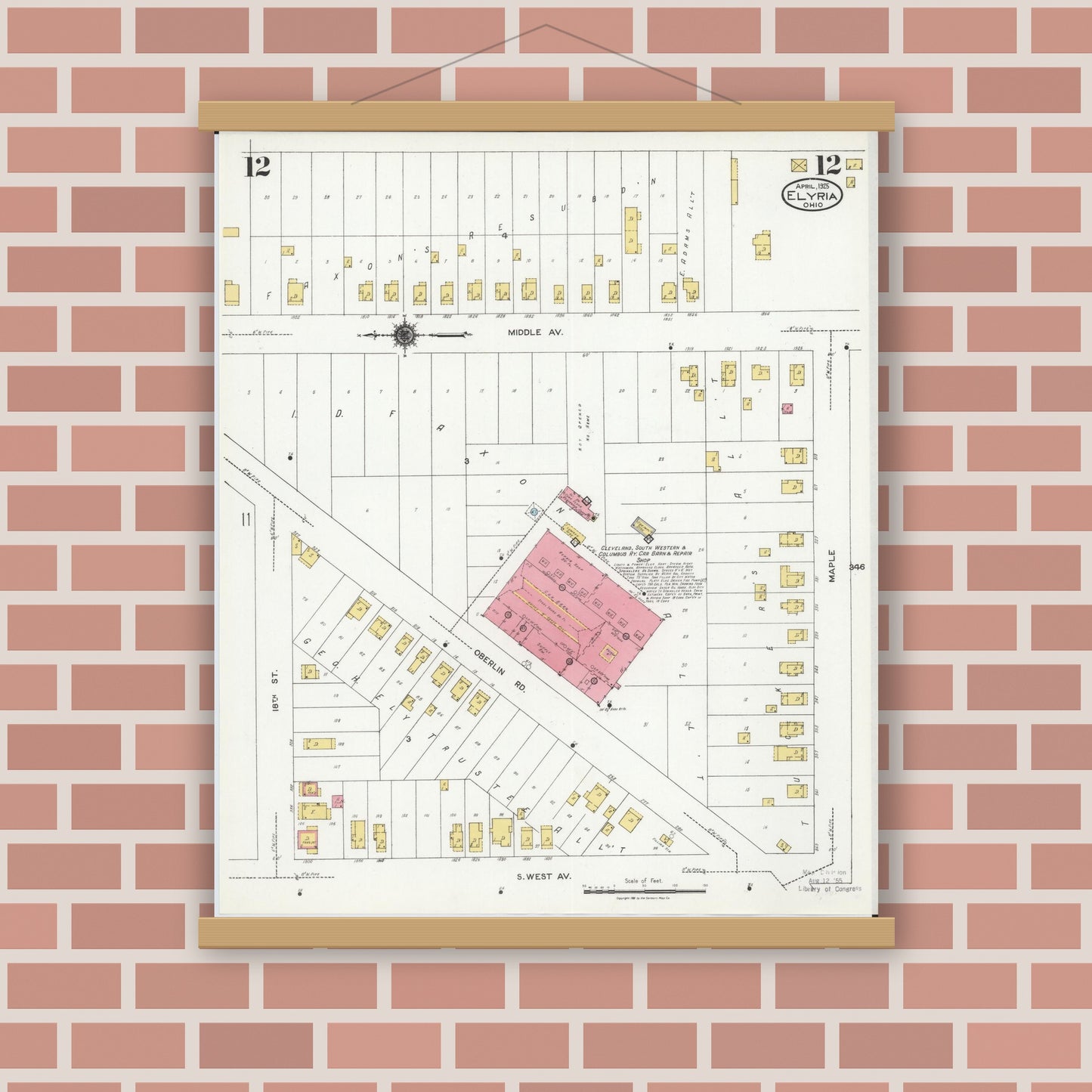 Old map wall art mockup — magnetic wood frame on brick wall — Sanborn Fire Insurance Map from Elyria, Lorain County, Ohio (1925), Sheet #0012