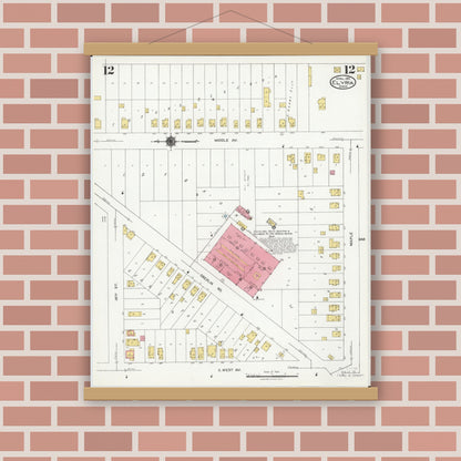 Old map wall art mockup — magnetic wood frame on brick wall — Sanborn Fire Insurance Map from Elyria, Lorain County, Ohio (1925), Sheet #0012
