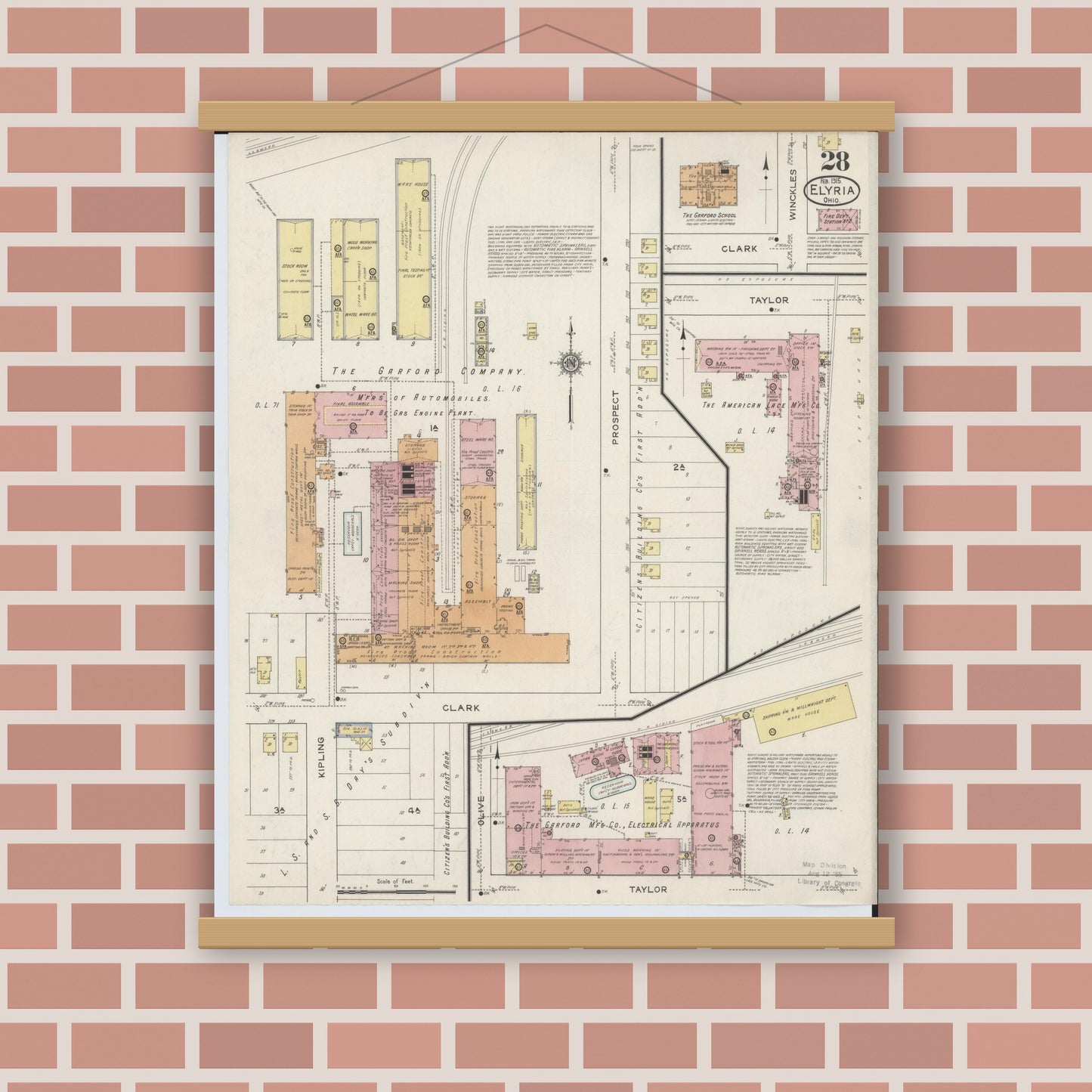 Old map wall art mockup — magnetic wood frame on brick wall — Sanborn Fire Insurance Map from Elyria, Lorain County, Ohio (1915), Sheet #0028