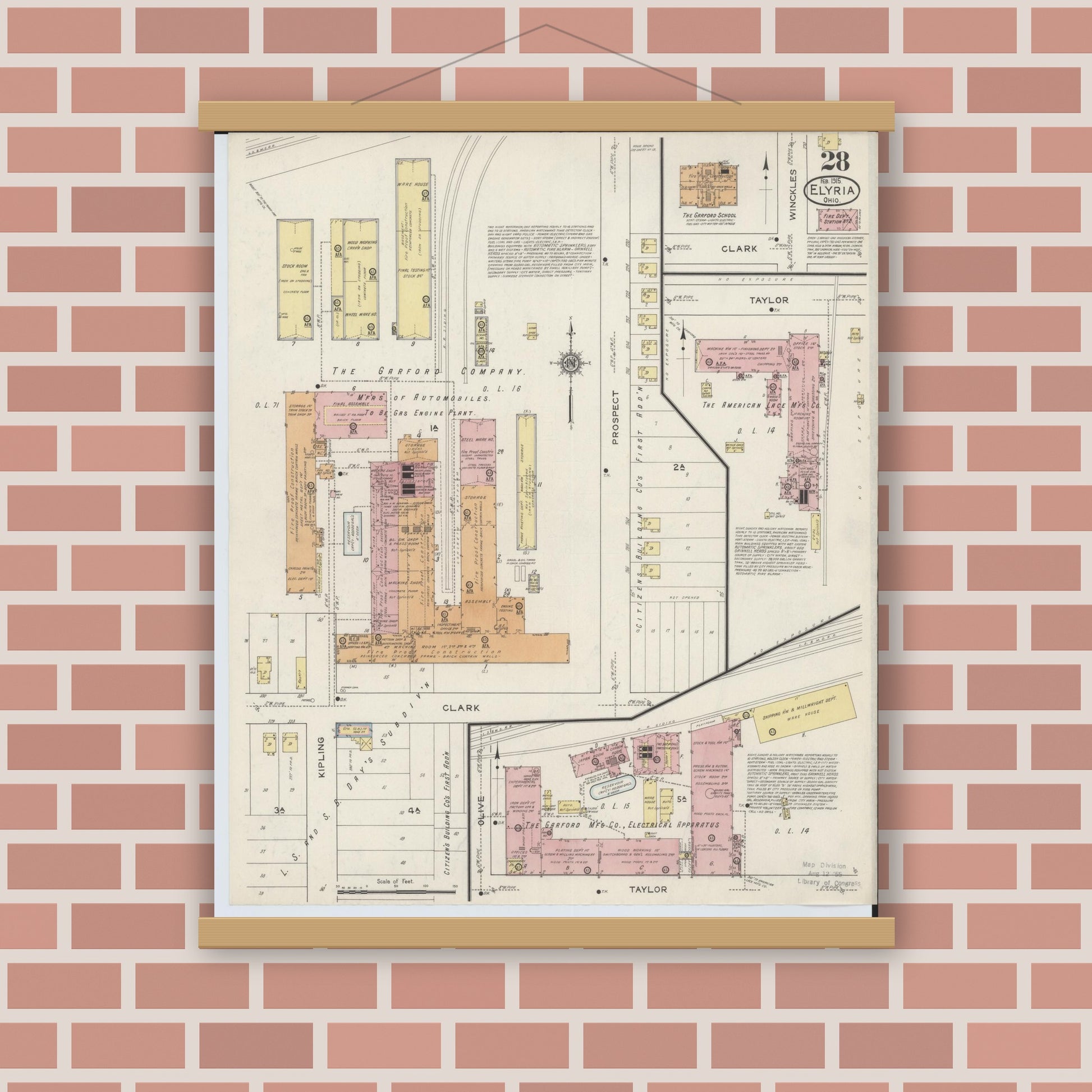 Old map wall art mockup — magnetic wood frame on brick wall — Sanborn Fire Insurance Map from Elyria, Lorain County, Ohio (1915), Sheet #0028