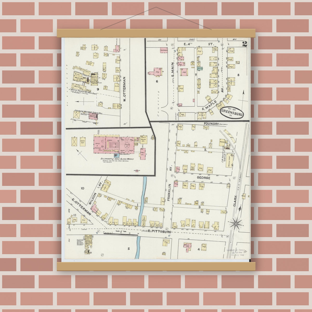 Old map wall art mockup — magnetic wood frame on brick wall — Sanborn Fire Insurance Map from Greensburg, Westmoreland County, Pennsylvania (1891), Sheet #0002