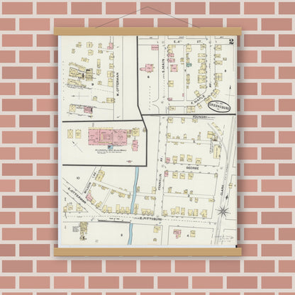 Old map wall art mockup — magnetic wood frame on brick wall — Sanborn Fire Insurance Map from Greensburg, Westmoreland County, Pennsylvania (1891), Sheet #0002
