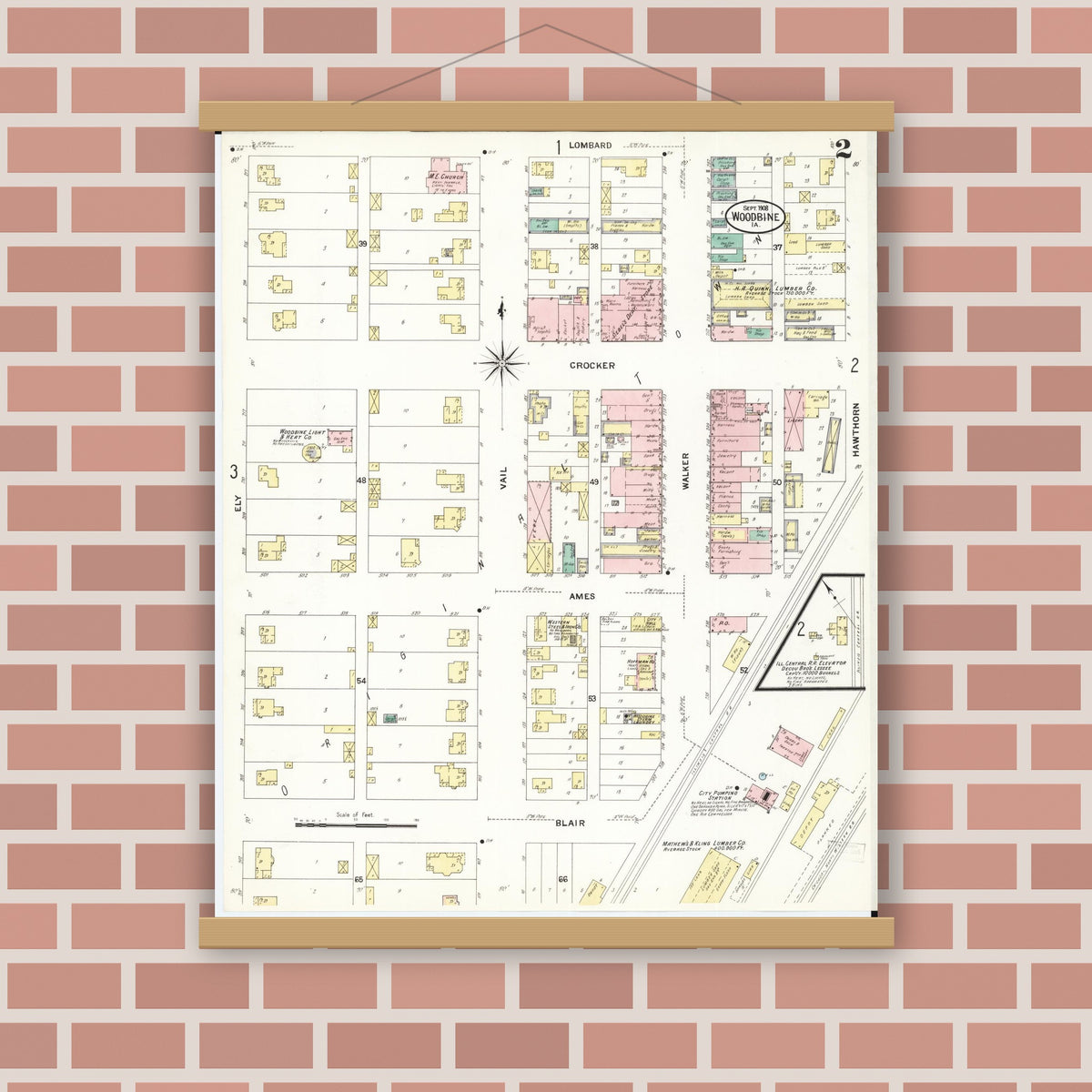 Old map wall art mockup — magnetic wood frame on brick wall — Sanborn Fire Insurance Map from Woodbine, Harrison County, Iowa (1908), Sheet #0002