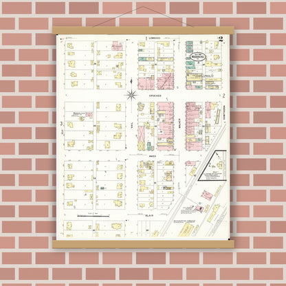Old map wall art mockup — magnetic wood frame on brick wall — Sanborn Fire Insurance Map from Woodbine, Harrison County, Iowa (1908), Sheet #0002