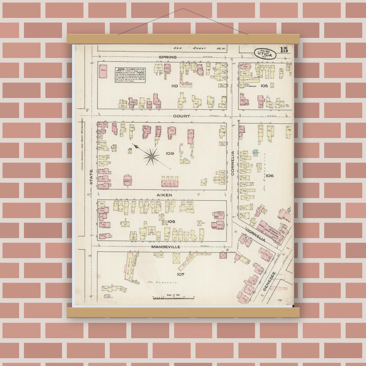 Old map wall art mockup — magnetic wood frame on brick wall — Sanborn Fire Insurance Map from Utica, Oneida County, New York (1884), Sheet #0015
