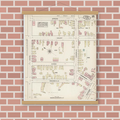 Old map wall art mockup — magnetic wood frame on brick wall — Sanborn Fire Insurance Map from Utica, Oneida County, New York (1884), Sheet #0015