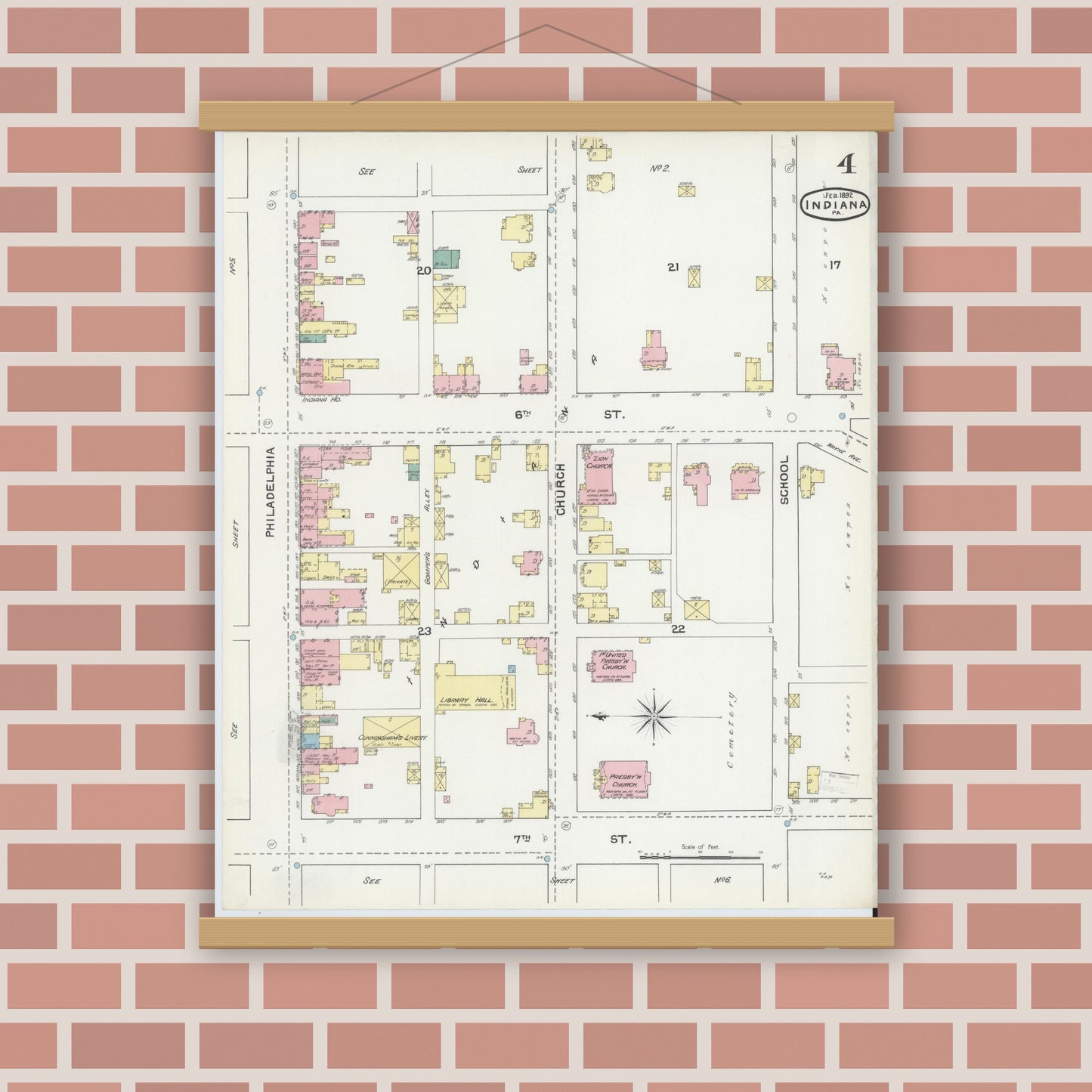 Old map wall art mockup — magnetic wood frame on brick wall — Sanborn Fire Insurance Map from Indiana, Indiana County, Pennsylvania (1892), Sheet #0004