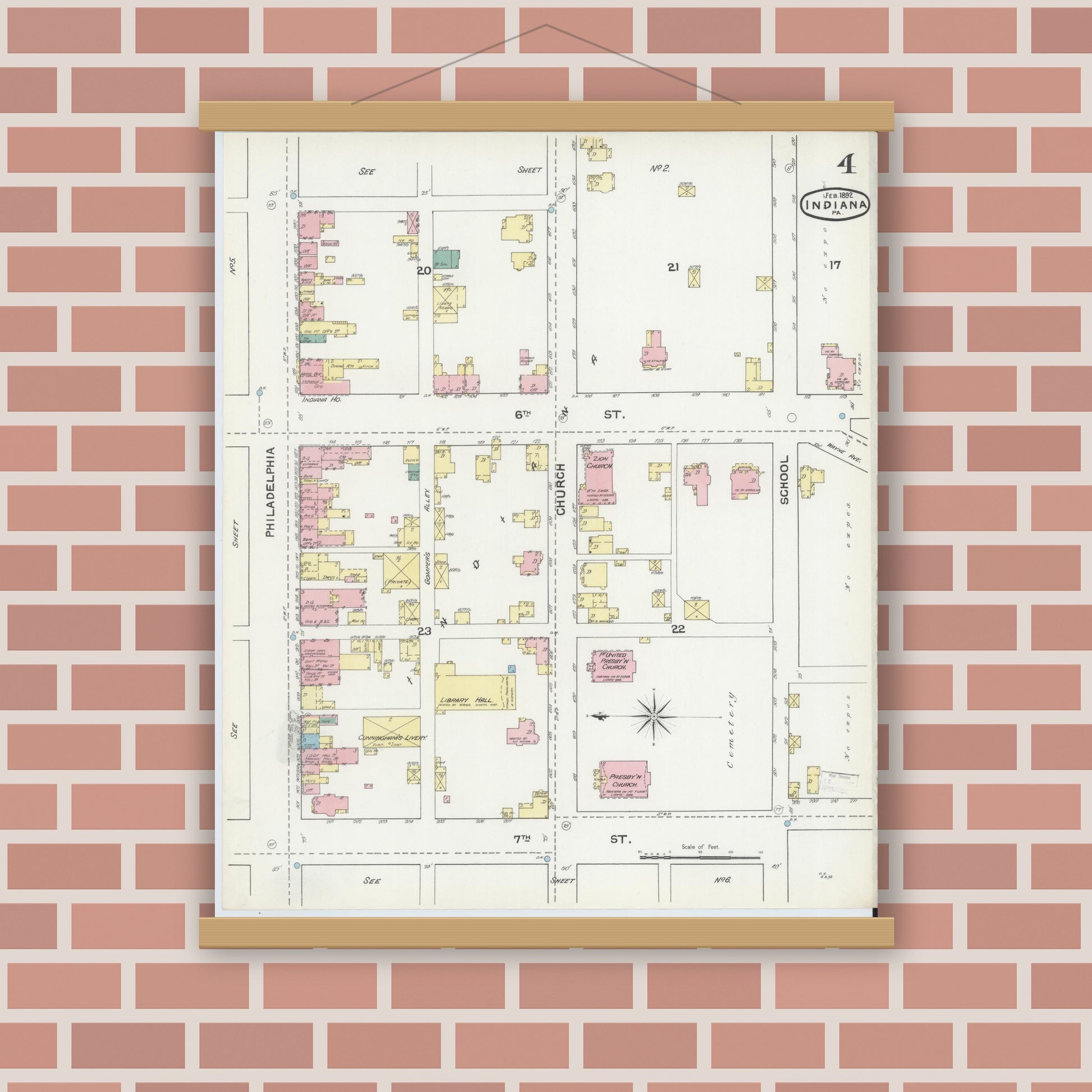 Old map wall art mockup — magnetic wood frame on brick wall — Sanborn Fire Insurance Map from Indiana, Indiana County, Pennsylvania (1892), Sheet #0004