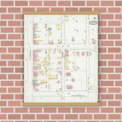 Old map wall art mockup — magnetic wood frame on brick wall — Sanborn Fire Insurance Map from Indiana, Indiana County, Pennsylvania (1892), Sheet #0004