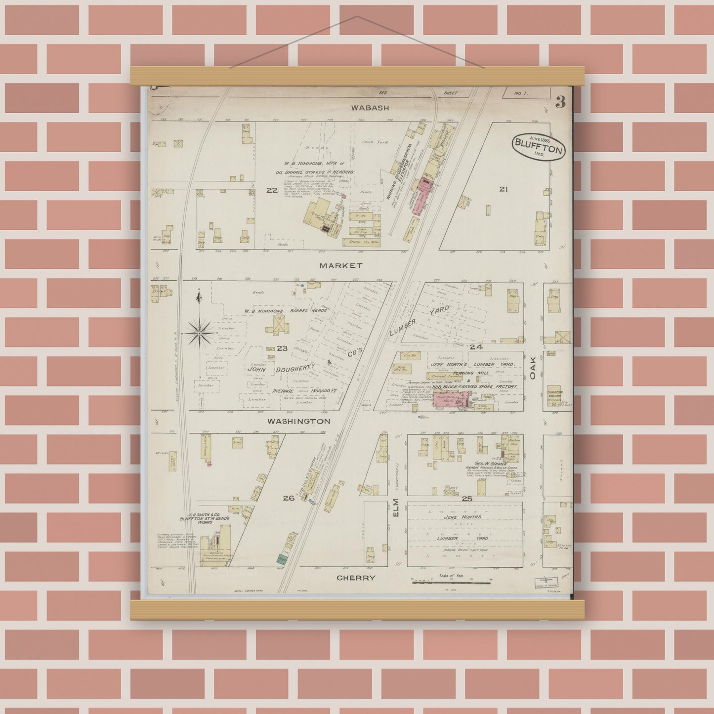 Old map wall art mockup — magnetic wood frame on brick wall — Sanborn Fire Insurance Map from Bluffton, Wells County, Indiana (1885), Sheet #0003