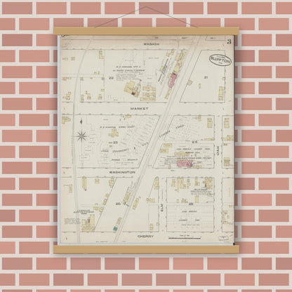 Old map wall art mockup — magnetic wood frame on brick wall — Sanborn Fire Insurance Map from Bluffton, Wells County, Indiana (1885), Sheet #0003