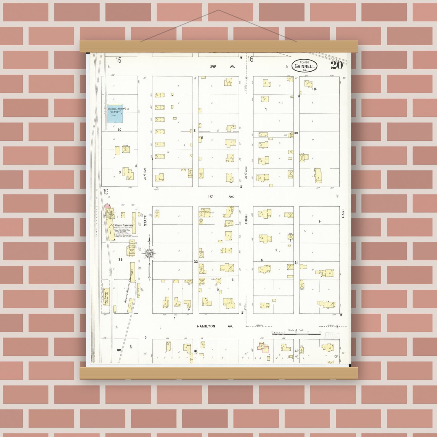 Old map wall art mockup — magnetic wood frame on brick wall — Sanborn Fire Insurance Map from Grinnell, Poweshiek County, Iowa (1911), Sheet #0020