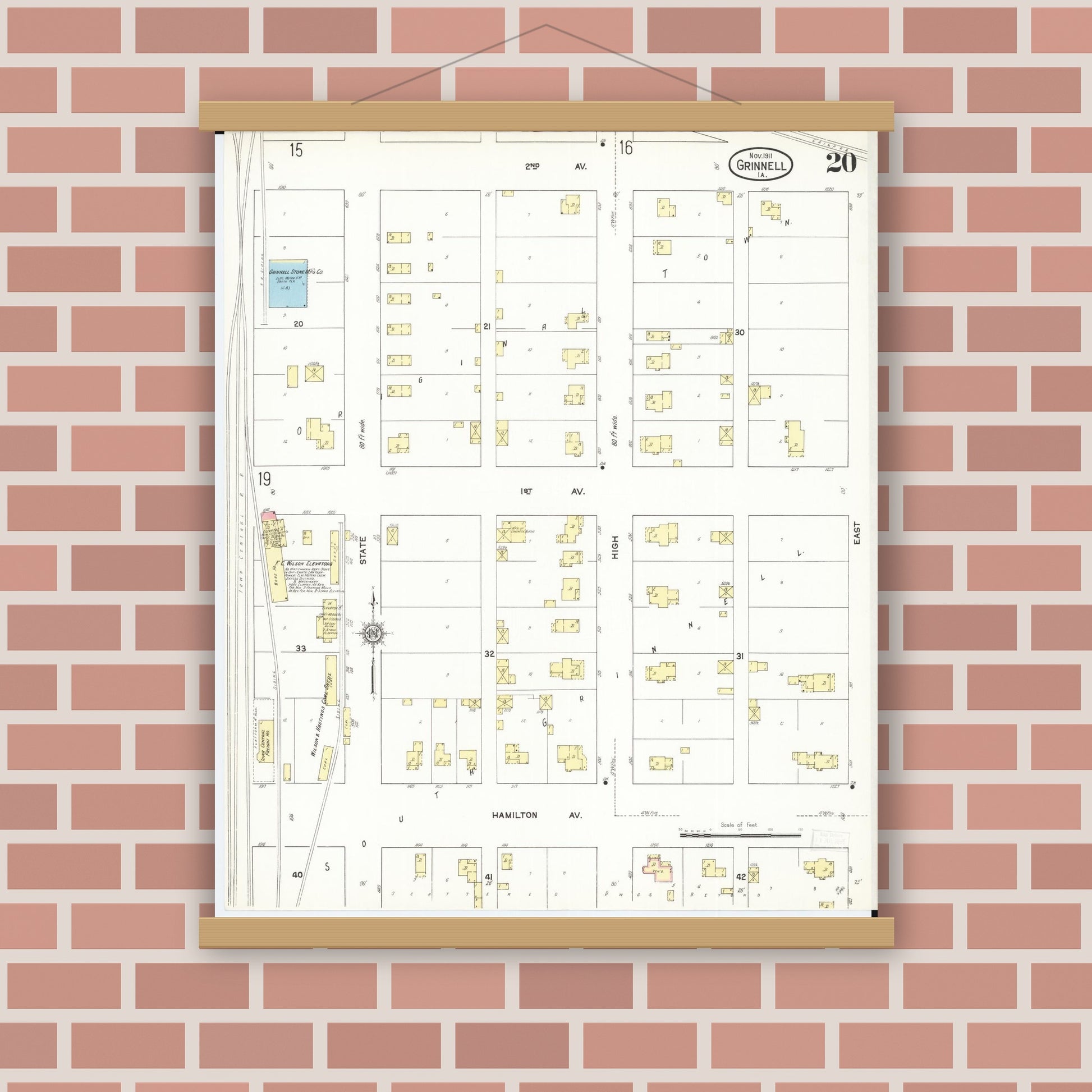 Old map wall art mockup — magnetic wood frame on brick wall — Sanborn Fire Insurance Map from Grinnell, Poweshiek County, Iowa (1911), Sheet #0020