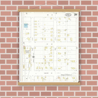 Old map wall art mockup — magnetic wood frame on brick wall — Sanborn Fire Insurance Map from Grinnell, Poweshiek County, Iowa (1911), Sheet #0020