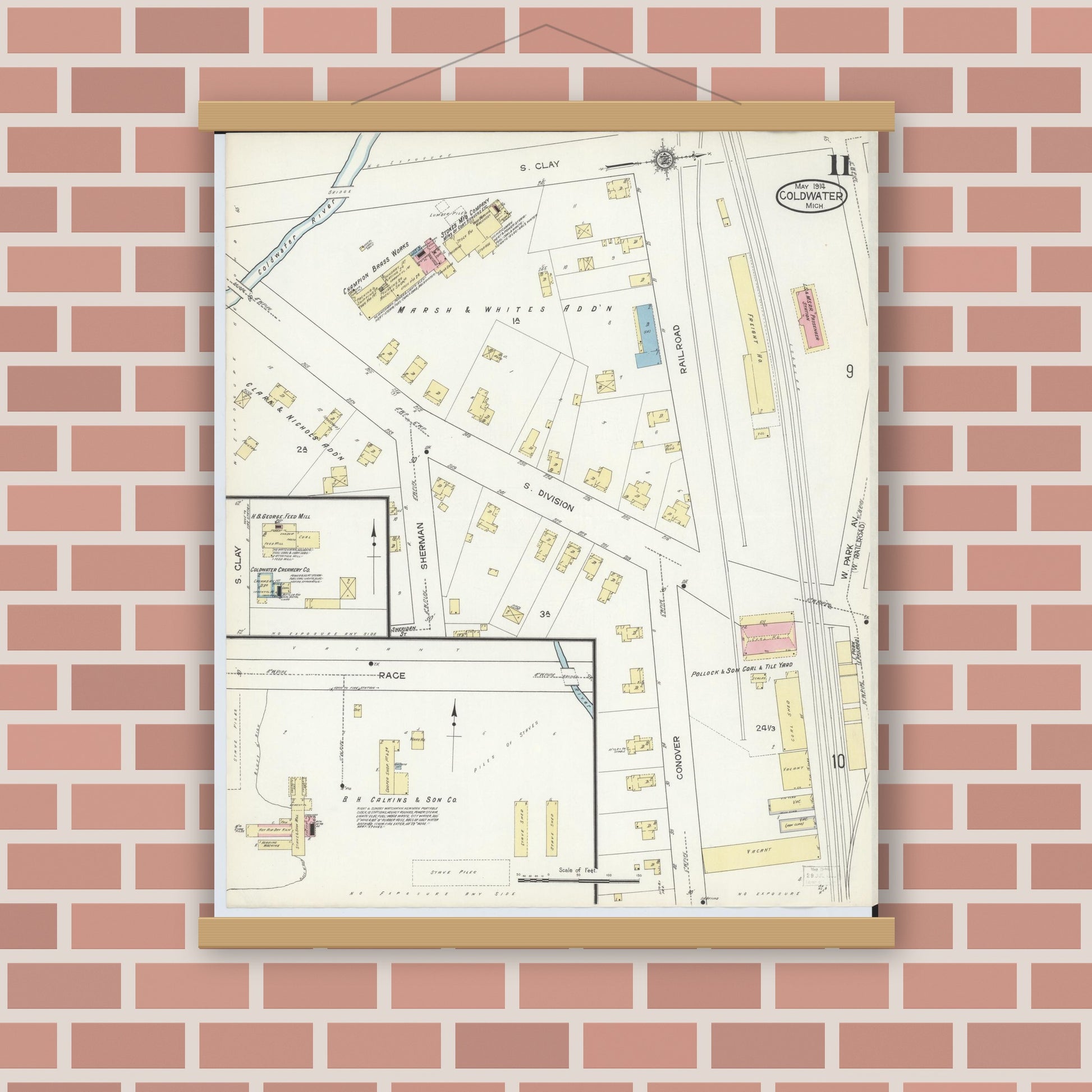 Old map wall art mockup — magnetic wood frame on brick wall — Sanborn Fire Insurance Map from Coldwater, Branch County, Michigan (1914), Sheet #0011