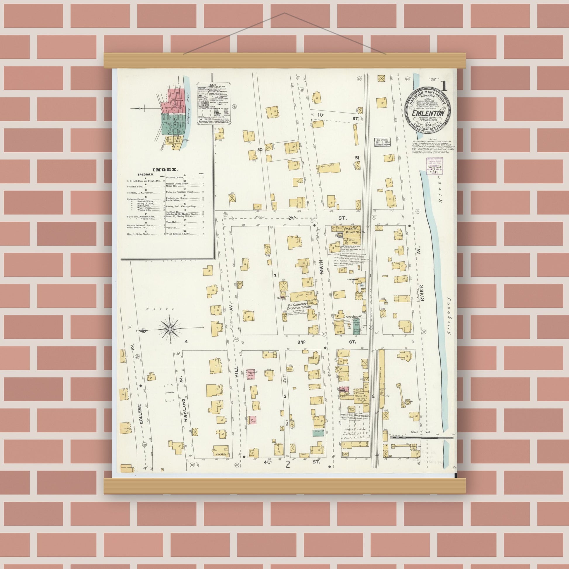 Old map wall art mockup — magnetic wood frame on brick wall — Sanborn Fire Insurance Map from Emlenton, Venango County, Pennsylvania (1904), Sheet #0001