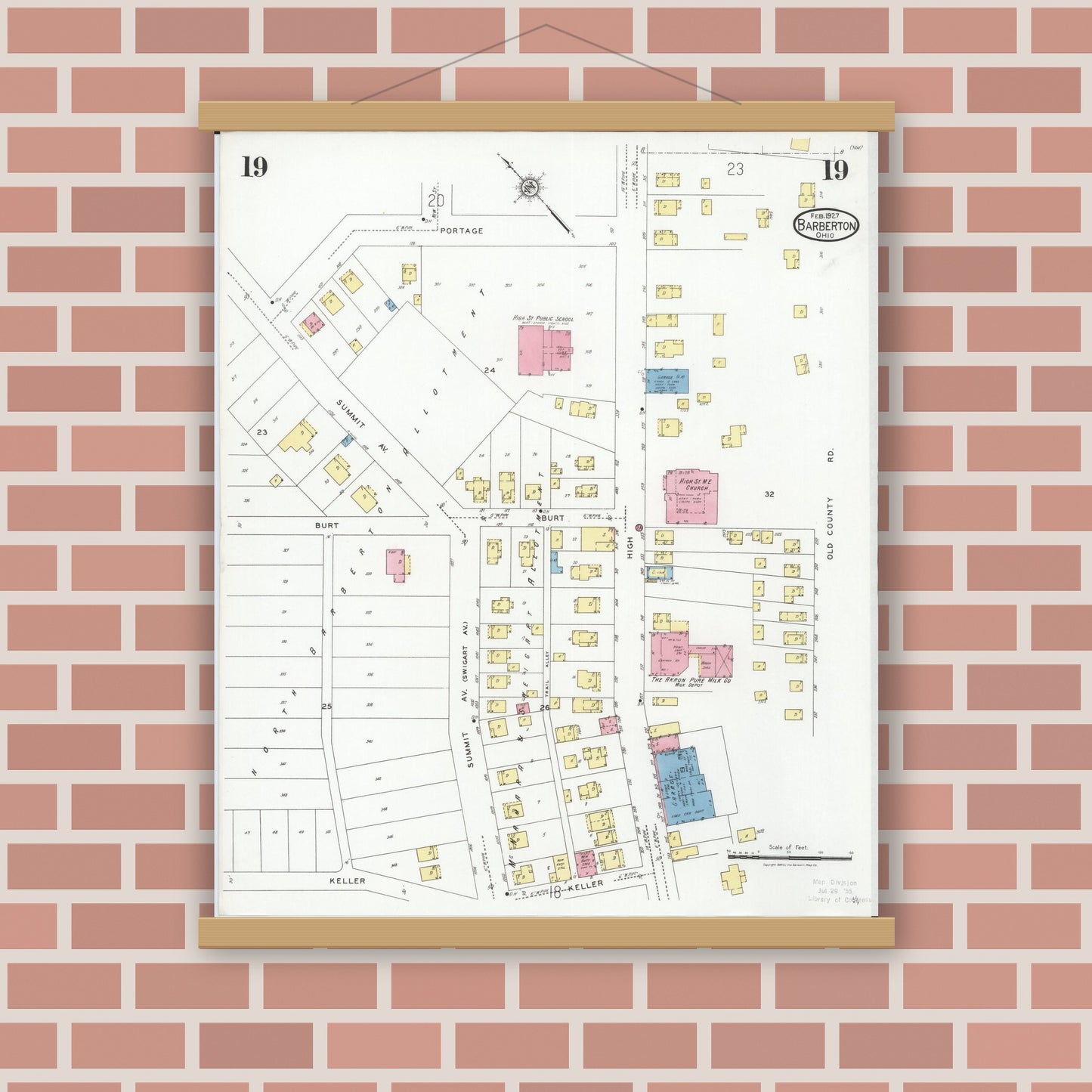 Old map wall art mockup — magnetic wood frame on brick wall — Sanborn Fire Insurance Map from Barberton, Summit County, Ohio (1927), Sheet #0019