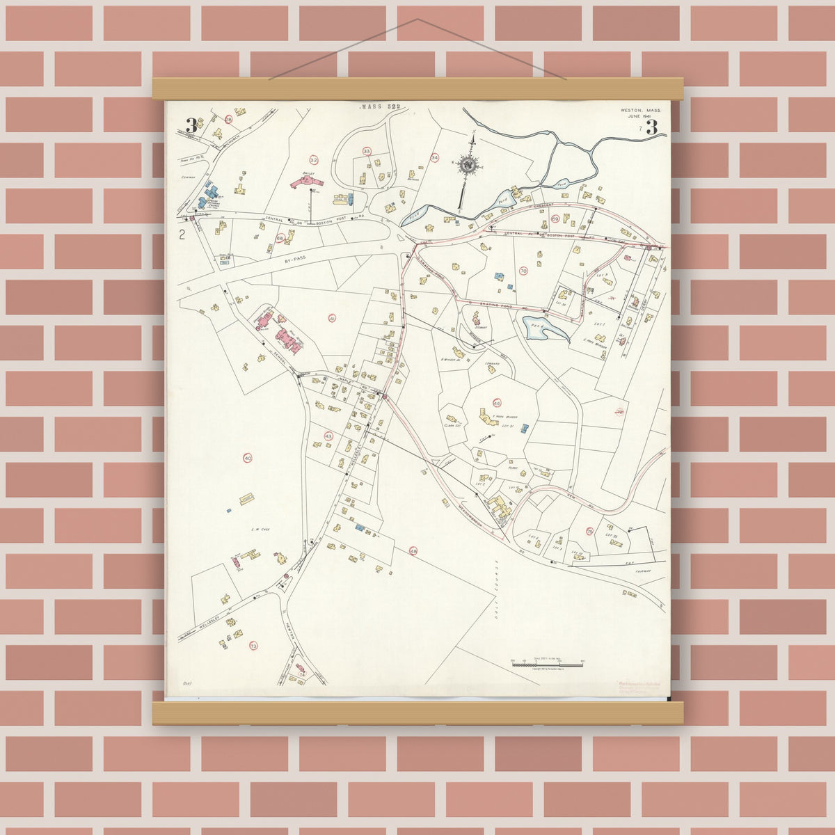 Old map wall art mockup — magnetic wood frame on brick wall — Sanborn Fire Insurance Map from Weston, Middlesex County, Massachusetts (1941), Sheet #0003