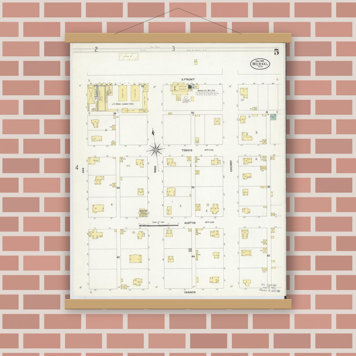 Old map wall art mockup — magnetic wood frame on brick wall — Sanborn Fire Insurance Map from Merkel, Taylor County, Texas (1908), Sheet #0005
