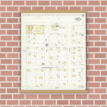 Old map wall art mockup — magnetic wood frame on brick wall — Sanborn Fire Insurance Map from Merkel, Taylor County, Texas (1908), Sheet #0005