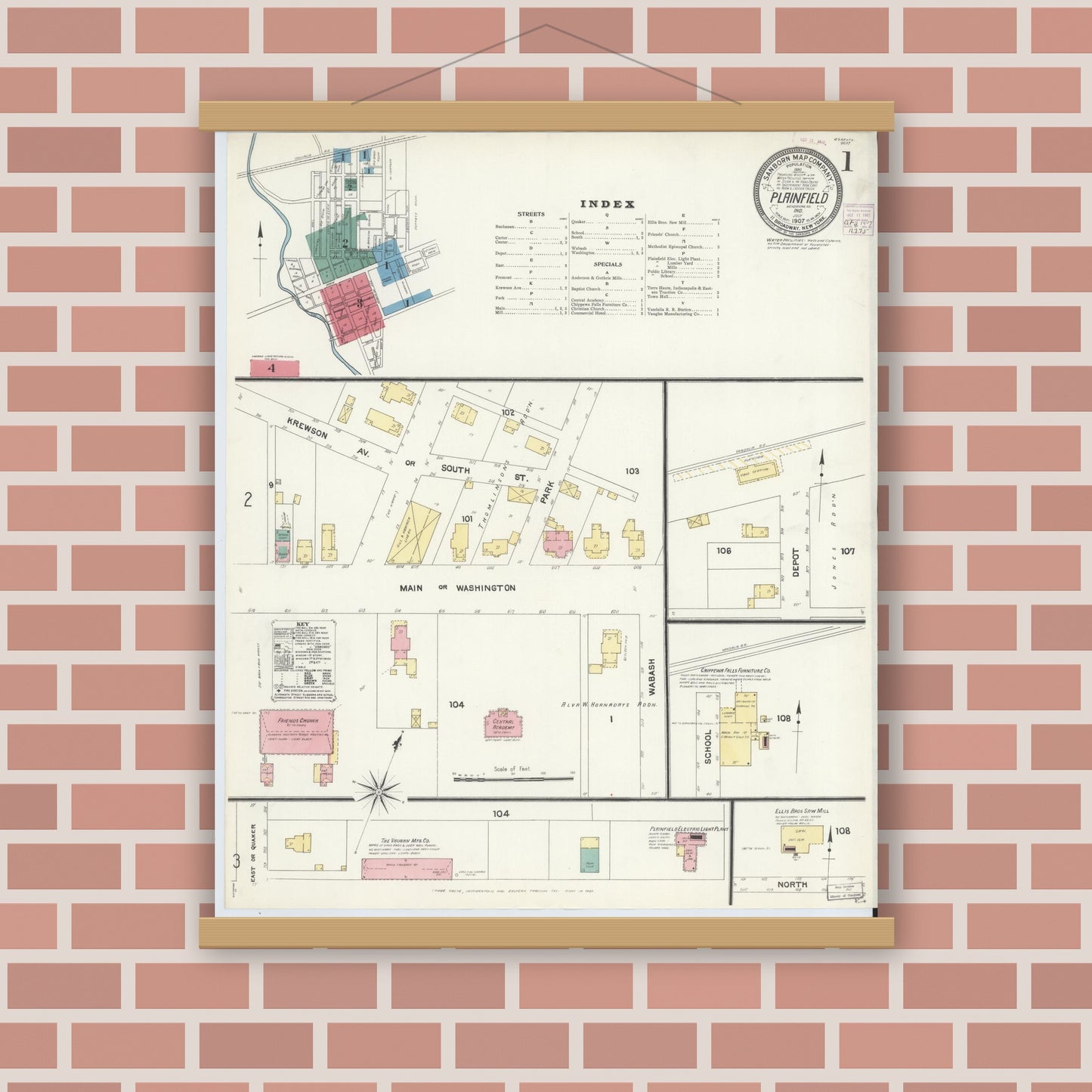 Old map wall art mockup — magnetic wood frame on brick wall — Sanborn Fire Insurance Map from Plainfield, Hendricks County, Indiana (1907), Sheet #0001