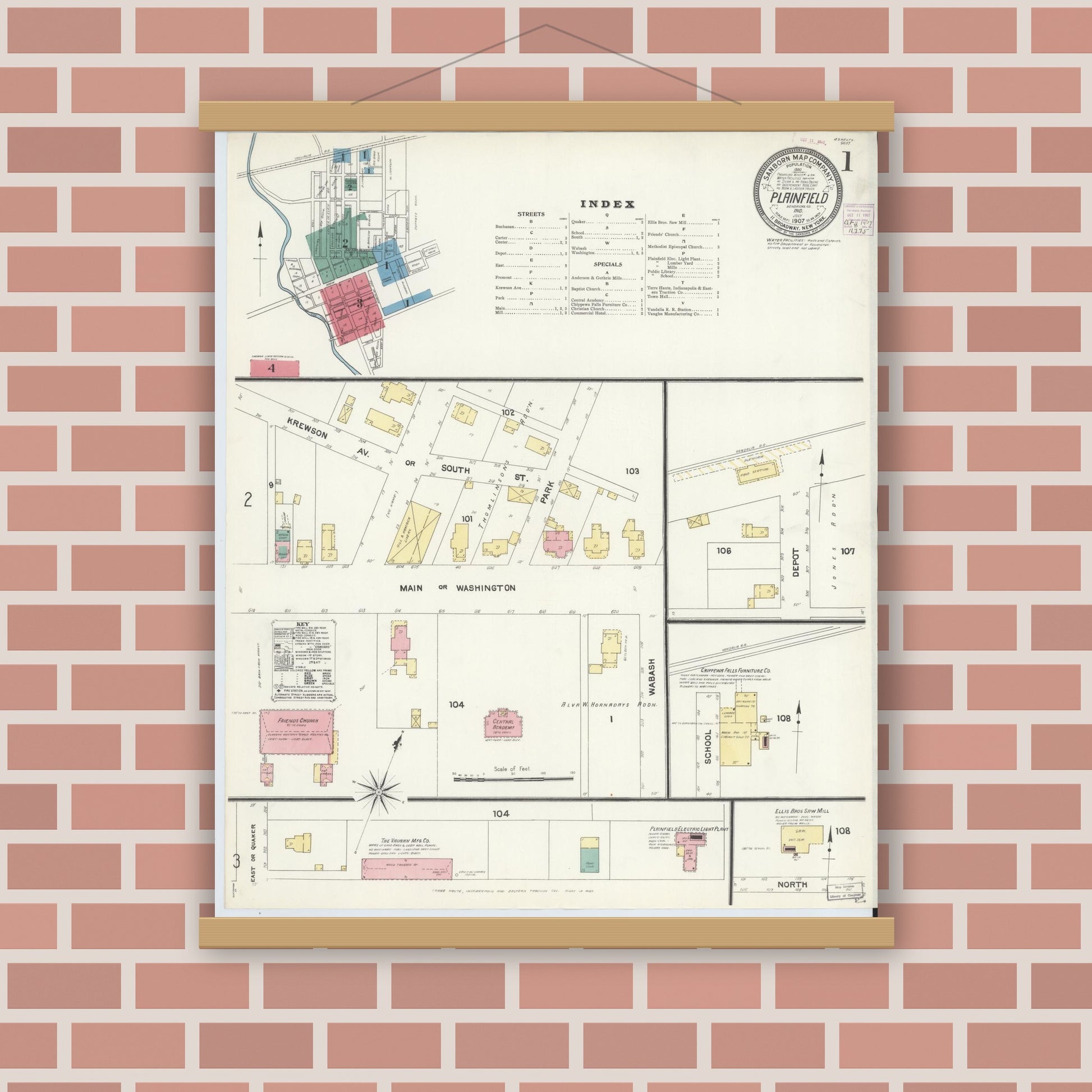 Old map wall art mockup — magnetic wood frame on brick wall — Sanborn Fire Insurance Map from Plainfield, Hendricks County, Indiana (1907), Sheet #0001