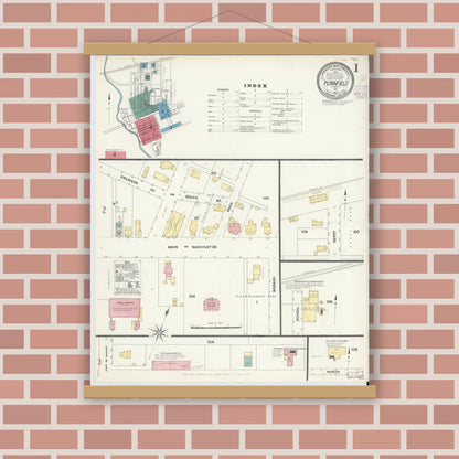 Old map wall art mockup — magnetic wood frame on brick wall — Sanborn Fire Insurance Map from Plainfield, Hendricks County, Indiana (1907), Sheet #0001