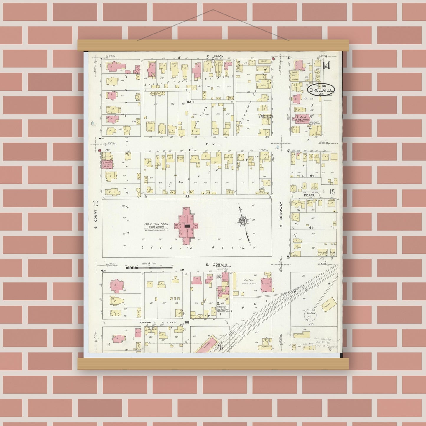 Old map wall art mockup — magnetic wood frame on brick wall — Sanborn Fire Insurance Map from Circleville, Pickaway County, Ohio (1914), Sheet #0014