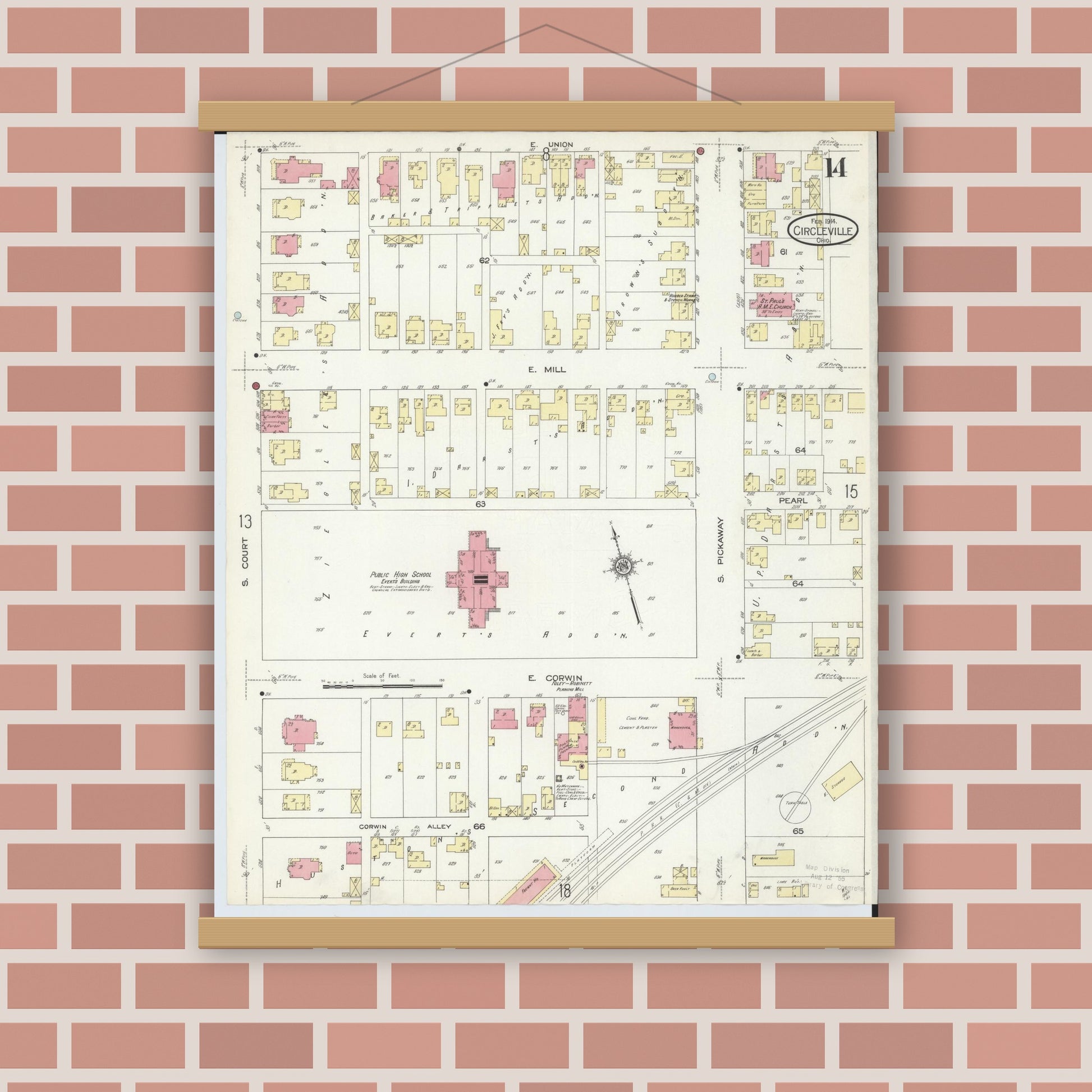 Old map wall art mockup — magnetic wood frame on brick wall — Sanborn Fire Insurance Map from Circleville, Pickaway County, Ohio (1914), Sheet #0014
