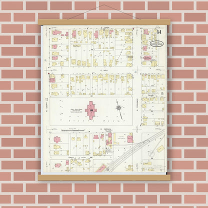 Old map wall art mockup — magnetic wood frame on brick wall — Sanborn Fire Insurance Map from Circleville, Pickaway County, Ohio (1914), Sheet #0014