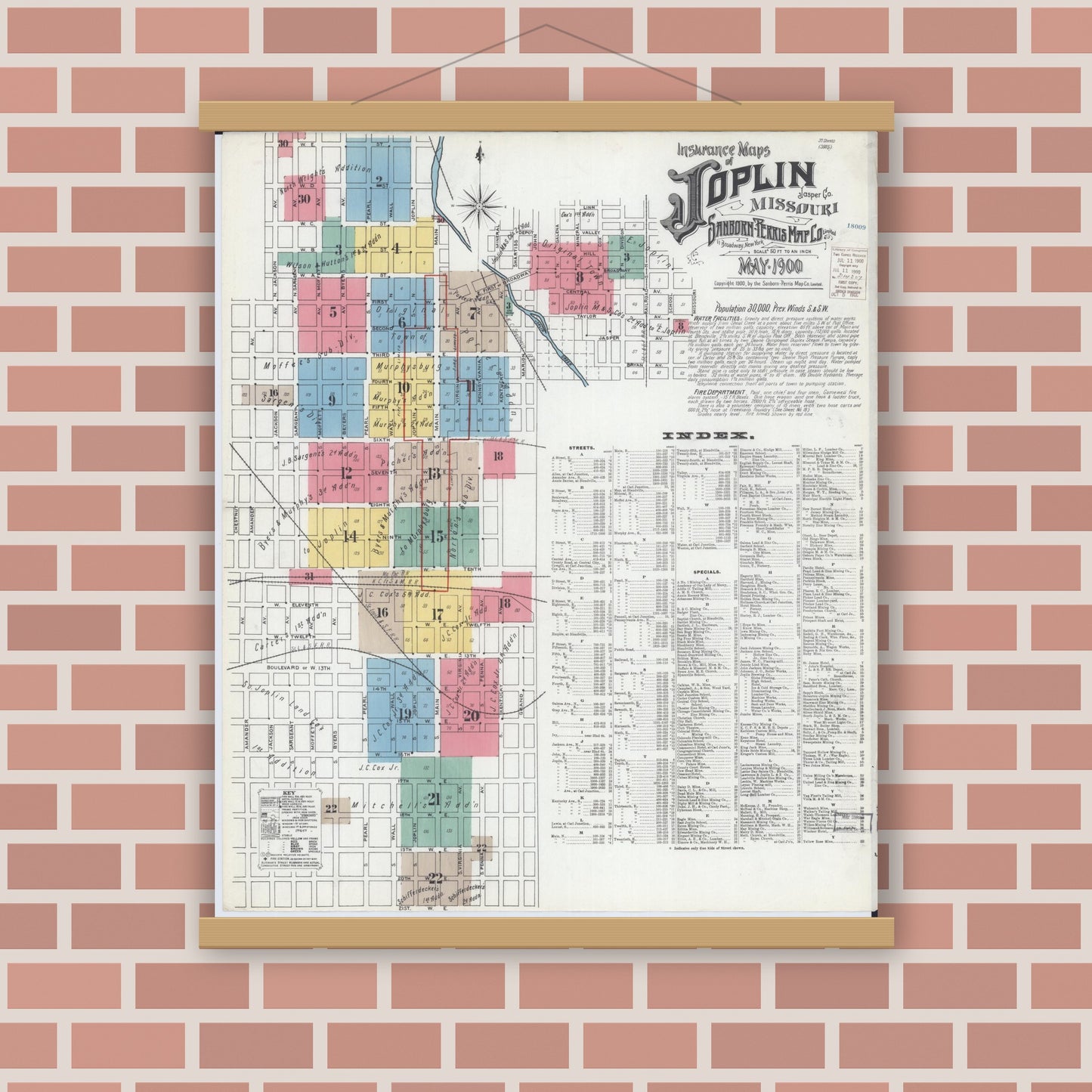 Old map wall art mockup — magnetic wood frame on brick wall — Sanborn Fire Insurance Map from Joplin, Jasper County, Missouri (1900) - Complete Map Set