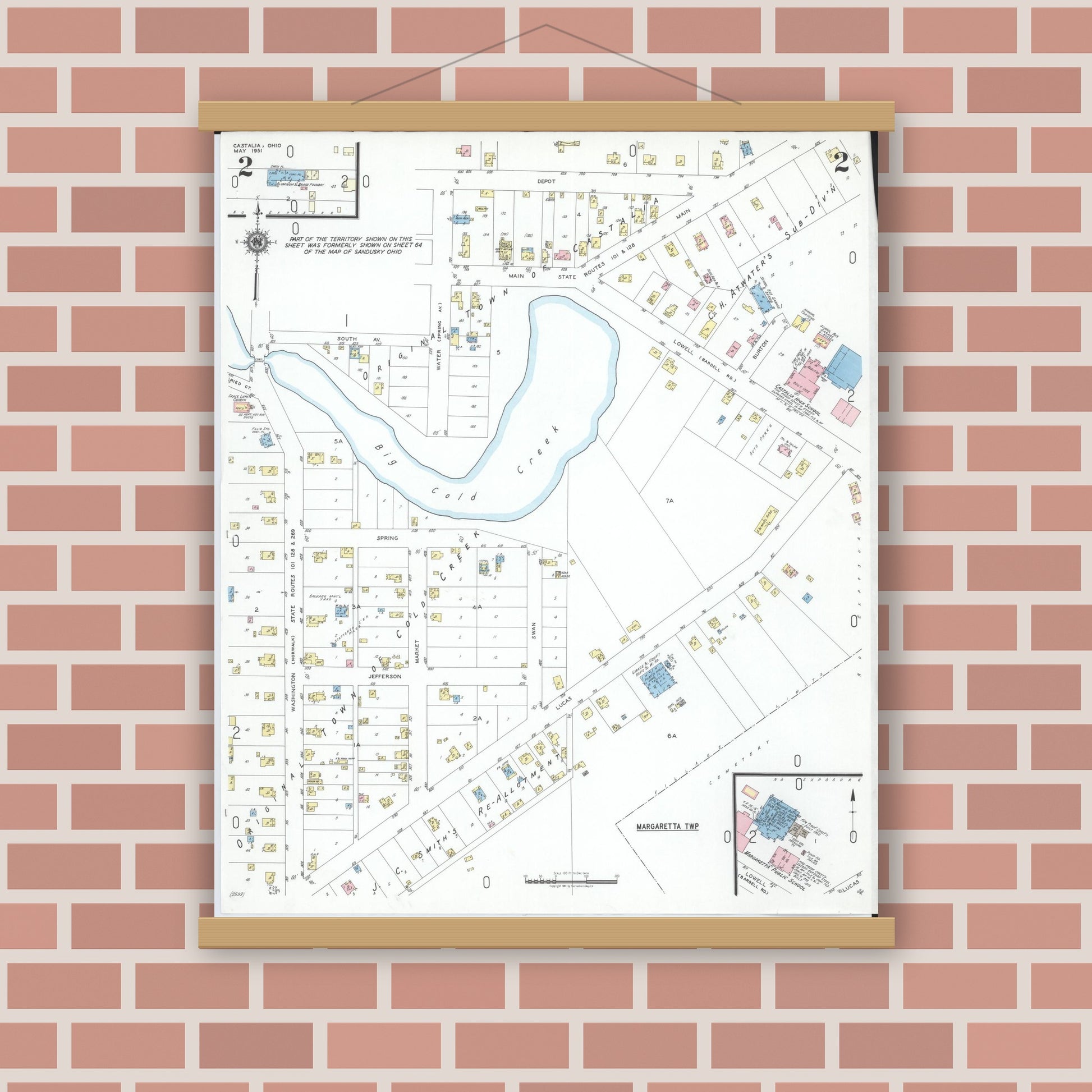 Old map wall art mockup — magnetic wood frame on brick wall — Sanborn Fire Insurance Map from Castalia, Erie County, Ohio (1951), Sheet #0002