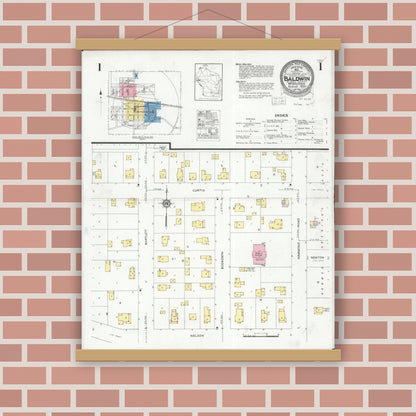 Old map wall art mockup — magnetic wood frame on brick wall — Sanborn Fire Insurance Map from Baldwin, St. Croix County, Wisconsin (1930) - Complete Map Set