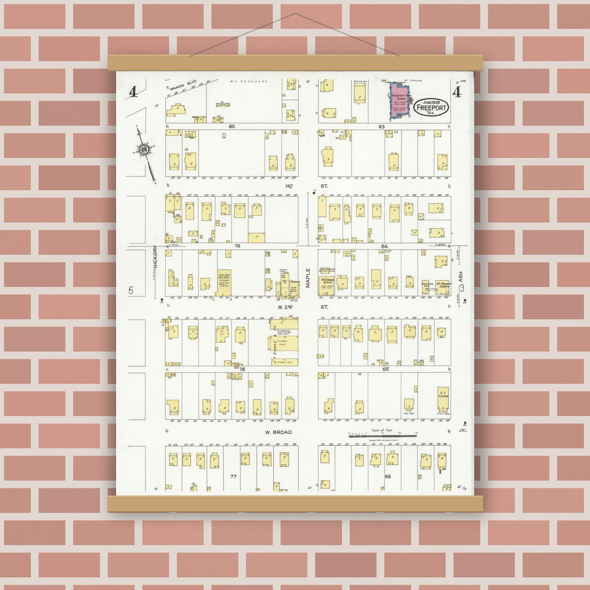 Old map wall art mockup — magnetic wood frame on brick wall — Sanborn Fire Insurance Map from Freeport, Brazoria County, Texas (1926), Sheet #0004