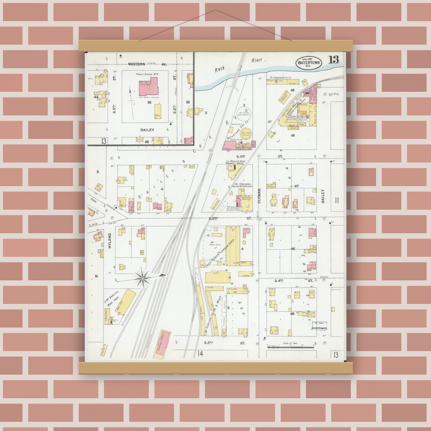 Old map wall art mockup — magnetic wood frame on brick wall — Sanborn Fire Insurance Map from Watertown, Jefferson County, Wisconsin (1901), Sheet #0013
