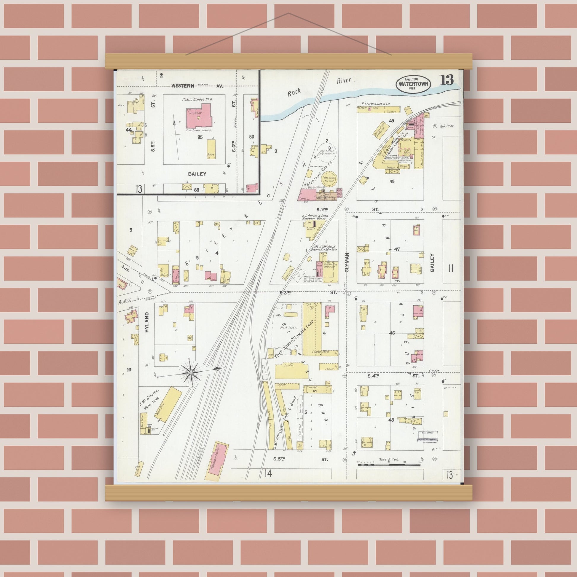 Old map wall art mockup — magnetic wood frame on brick wall — Sanborn Fire Insurance Map from Watertown, Jefferson County, Wisconsin (1901), Sheet #0013
