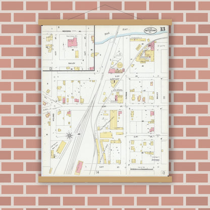 Old map wall art mockup — magnetic wood frame on brick wall — Sanborn Fire Insurance Map from Watertown, Jefferson County, Wisconsin (1901), Sheet #0013