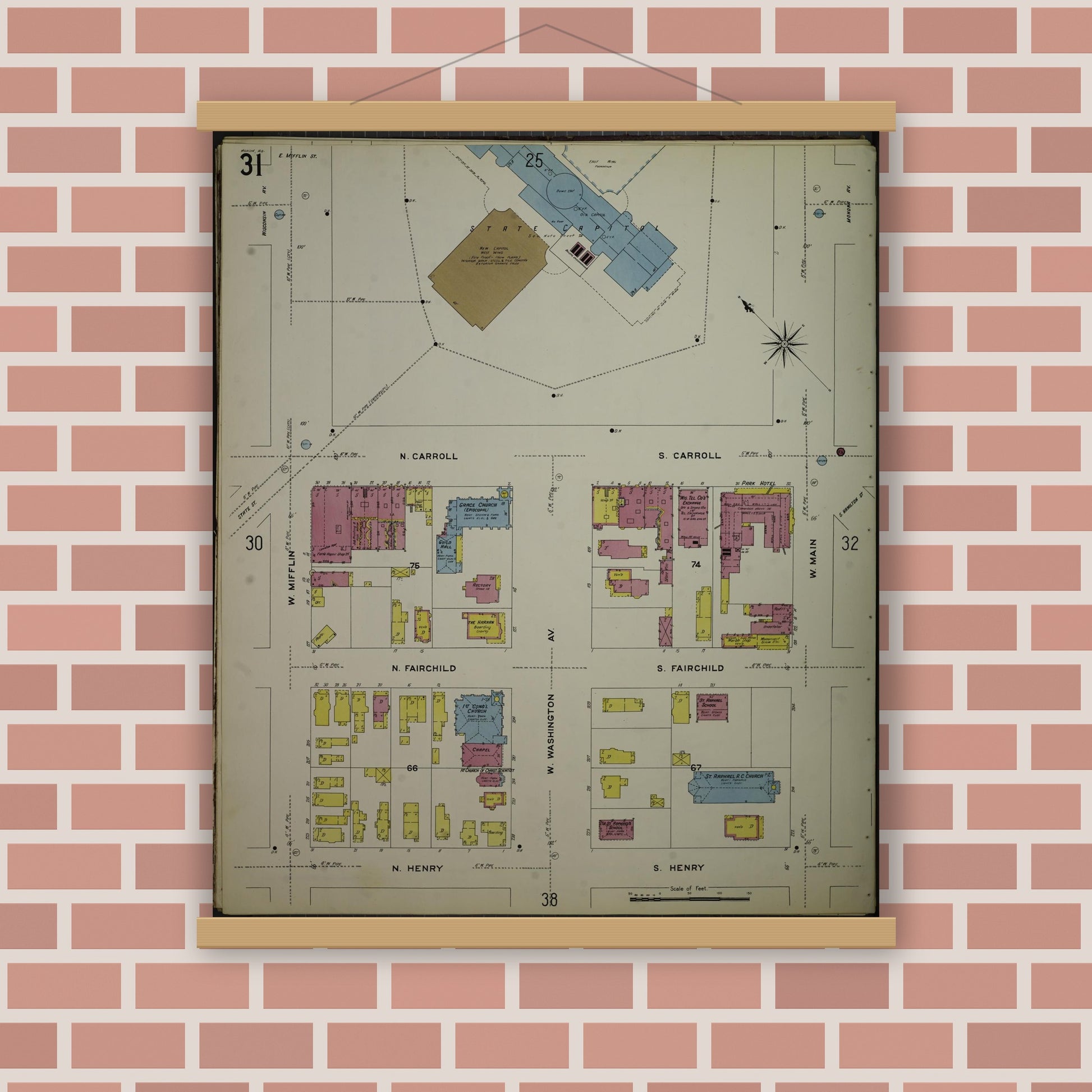 Old map wall art mockup — magnetic wood frame on brick wall — Sanborn Fire Insurance Map from Madison, Dane County, Wisconsin (1908), Sheet #0031