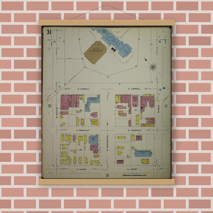 Old map wall art mockup — magnetic wood frame on brick wall — Sanborn Fire Insurance Map from Madison, Dane County, Wisconsin (1908), Sheet #0031