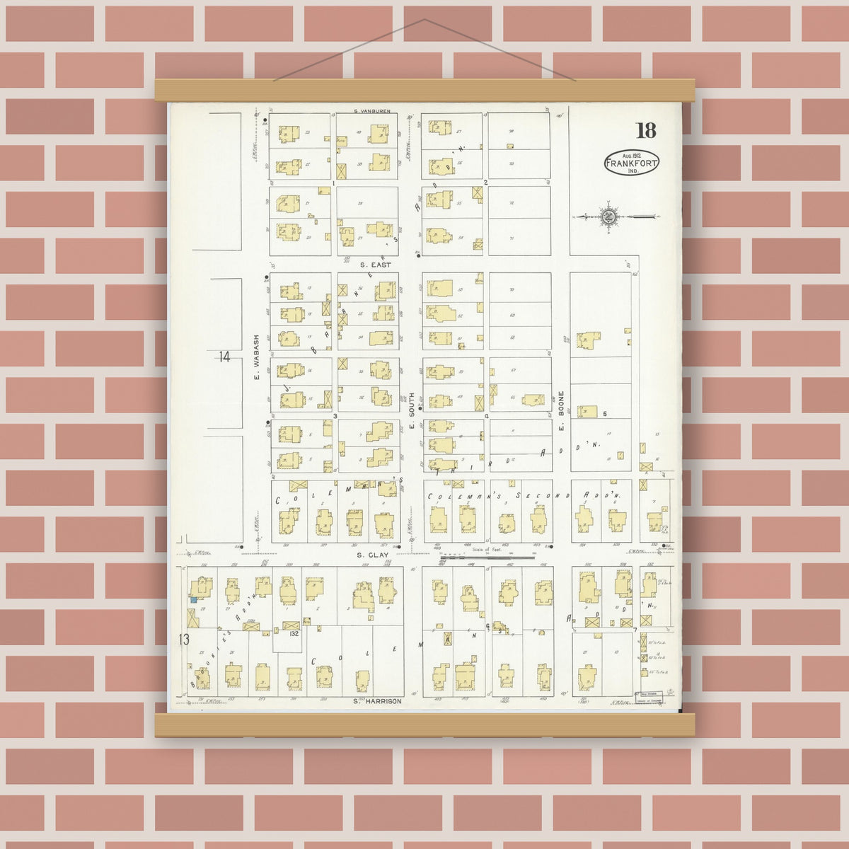 Old map wall art mockup — magnetic wood frame on brick wall — Sanborn Fire Insurance Map from Frankfort, Clinton County, Indiana (1912), Sheet #0018
