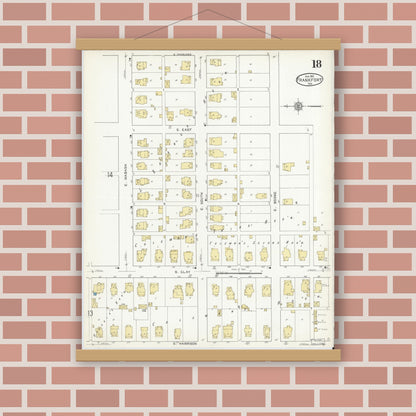Old map wall art mockup — magnetic wood frame on brick wall — Sanborn Fire Insurance Map from Frankfort, Clinton County, Indiana (1912), Sheet #0018