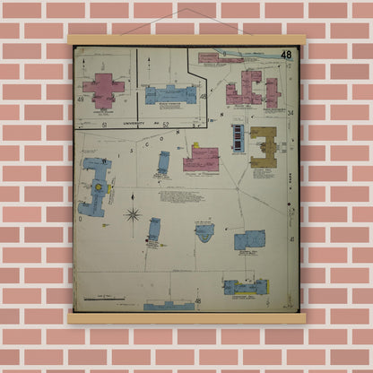 Old map wall art mockup — magnetic wood frame on brick wall — Sanborn Fire Insurance Map from Madison, Dane County, Wisconsin (1908), Sheet #0048