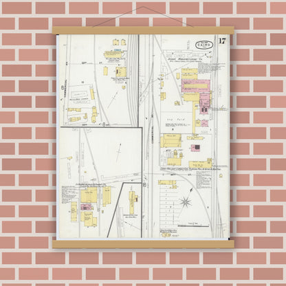 Old map wall art mockup — magnetic wood frame on brick wall — Sanborn Fire Insurance Map from Cairo, Alexander County, Illinois (1896), Sheet #0017
