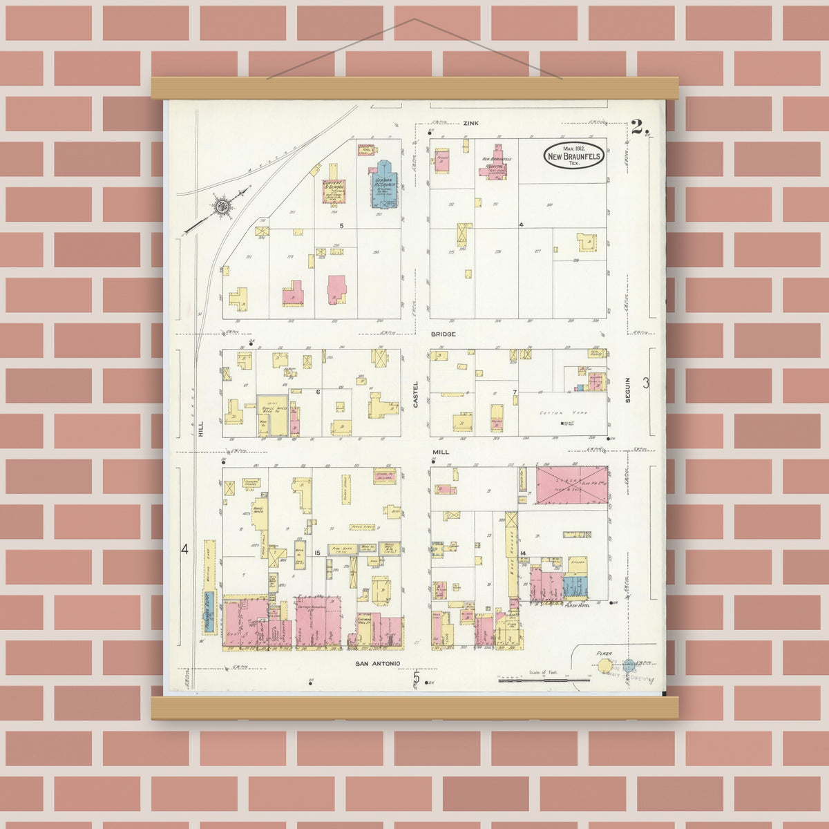 Old map wall art mockup — magnetic wood frame on brick wall — Sanborn Fire Insurance Map from New Braunfels, Comal County, Texas (1912), Sheet #0002