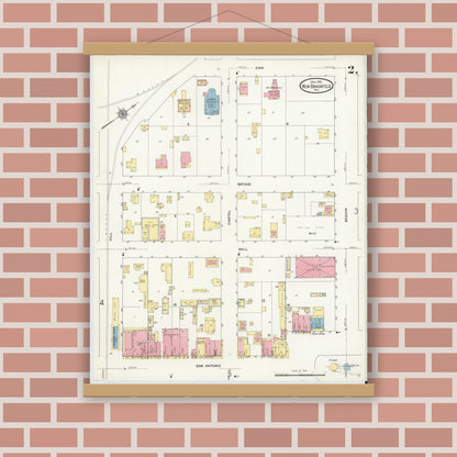 Old map wall art mockup — magnetic wood frame on brick wall — Sanborn Fire Insurance Map from New Braunfels, Comal County, Texas (1912), Sheet #0002