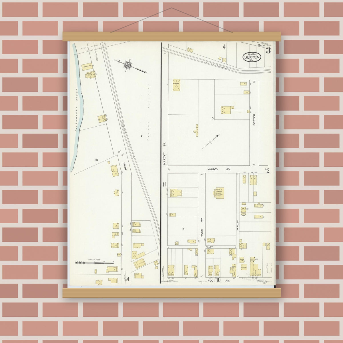 Old map wall art mockup — magnetic wood frame on brick wall — Sanborn Fire Insurance Map from Duryea, Luzerne County, Pennsylvania (1914), Sheet #0003