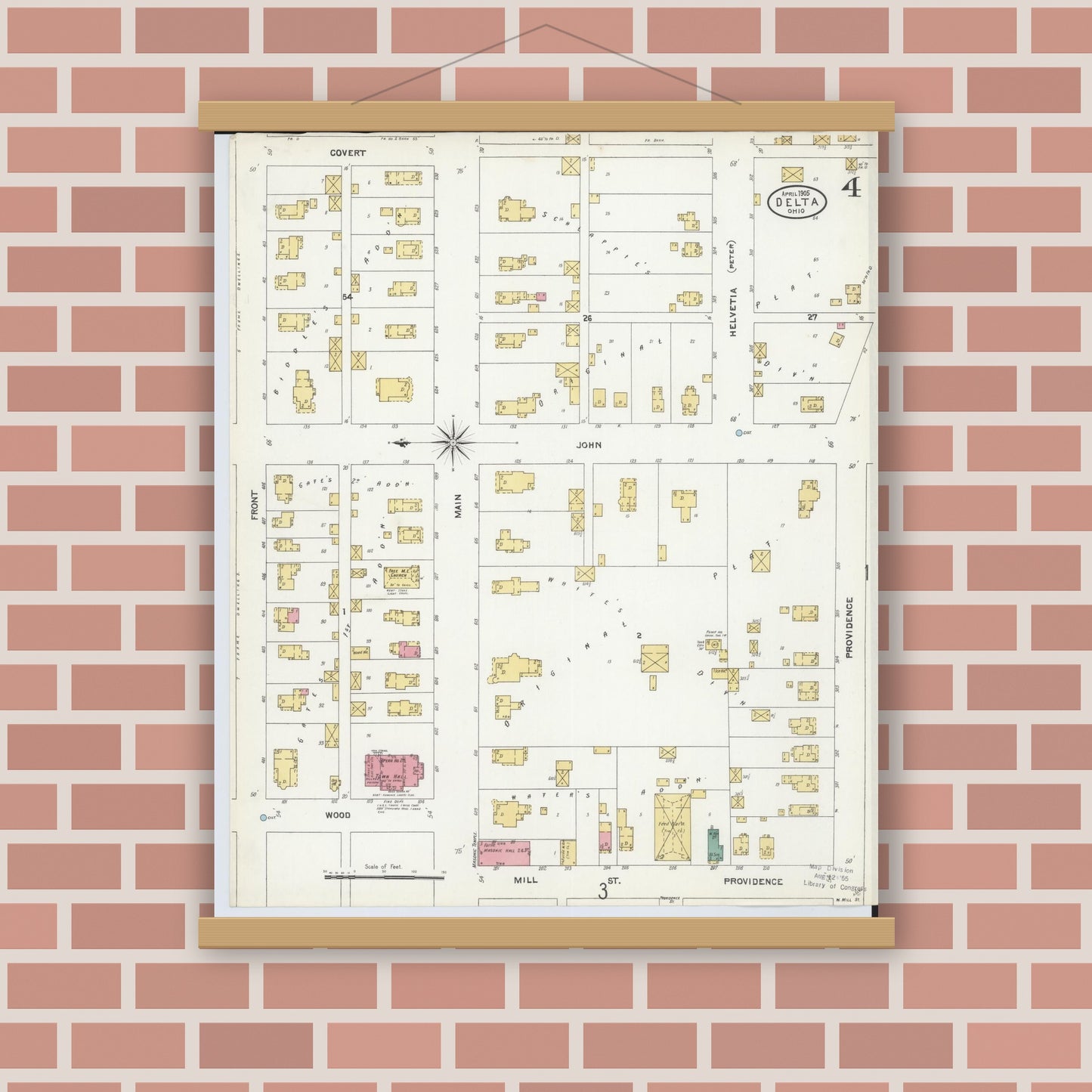 Old map wall art mockup — magnetic wood frame on brick wall — Sanborn Fire Insurance Map from Delta, Fulton County, Ohio (1905), Sheet #0004